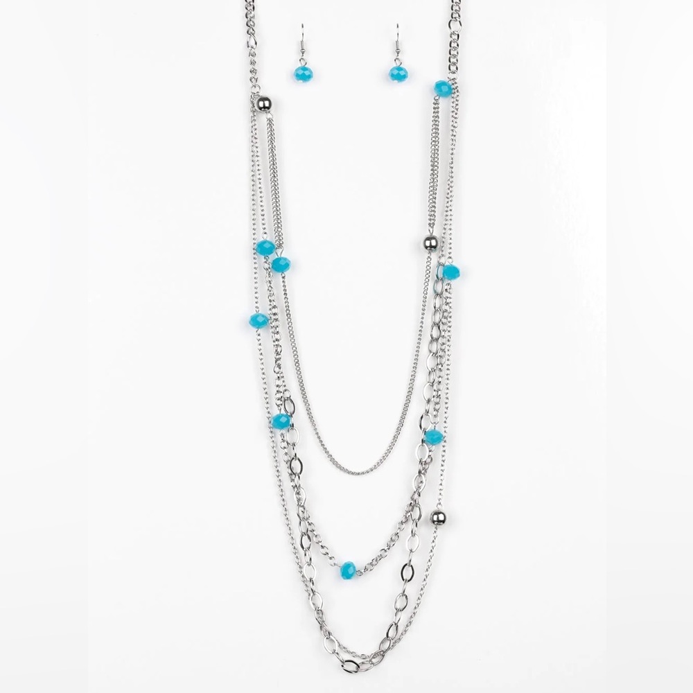 Glamour Grotto Paparazzi Silver Blue Beaded Necklace & Earrings Set - Picture 2 of 3